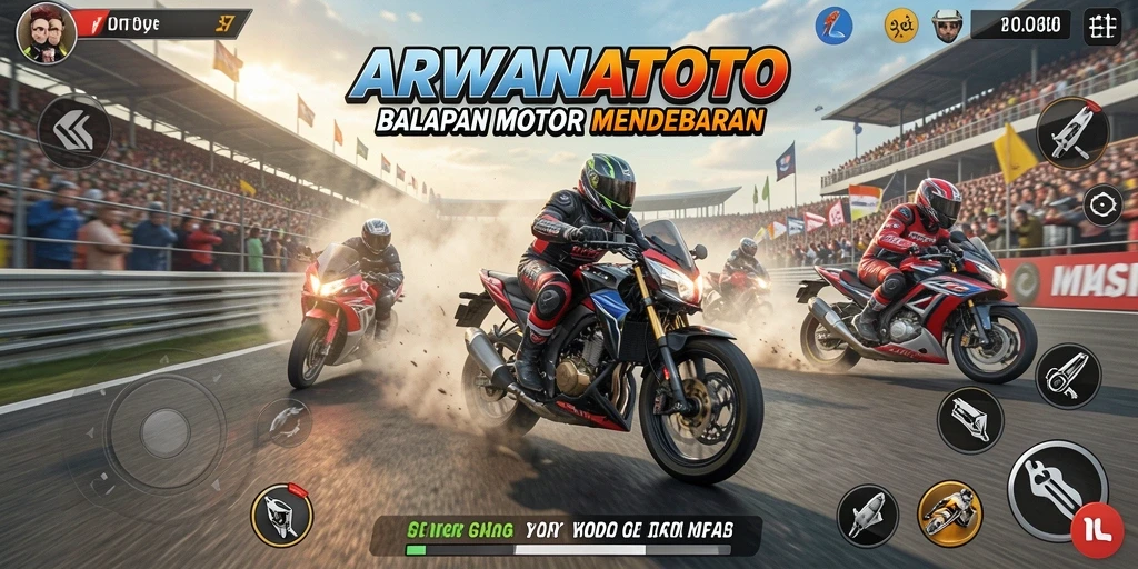 Screenshot gameplay ARWANATOTO yang menunjukkan balapan motor yang mendebarkan.