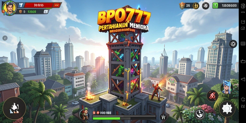 Screenshot utama BPO777 menampilkan gameplay seru Tower Defense dengan menara dan musuh.