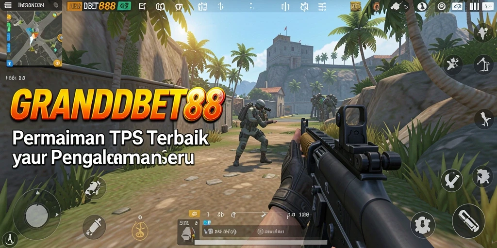 Tangkapan layar gameplay <strong>GRANDBET88</strong> menampilkan aksi seru dalam mode TPS.